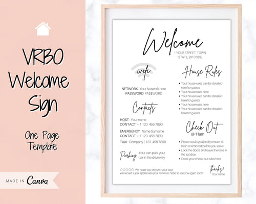 VRBO Welcome Sign Template, Wifi password Sign Printable, Airbnb Welcome Book, Host House Rules, Vacation Rental, Check Out, Air bnb Sign | Brit