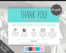 Load image into Gallery viewer, Vinyl Decal Thank You Business Card Instructions, BUNDLE Printable Decal Application Order Card, DIY Sticker Seller Packaging Label | Teal
