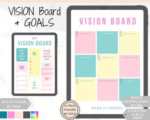 Vision Board Printables, Goal Planner Affirmation, Manifestation Law of Attraction Wall Art Poster, Digital Initiative Tracker, Positive Kit | Mixed Pastel