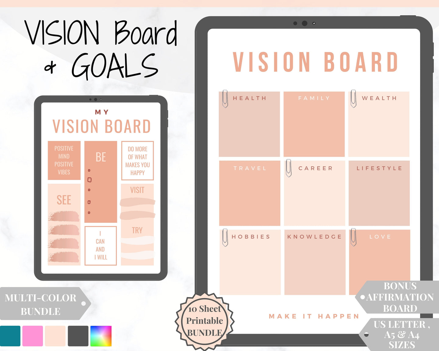 Vision Board Printables, Goal Planner Affirmation, Manifestation Law of Attraction Wall Art Poster, Digital Initiative Tracker, Positive Kit | Nude
