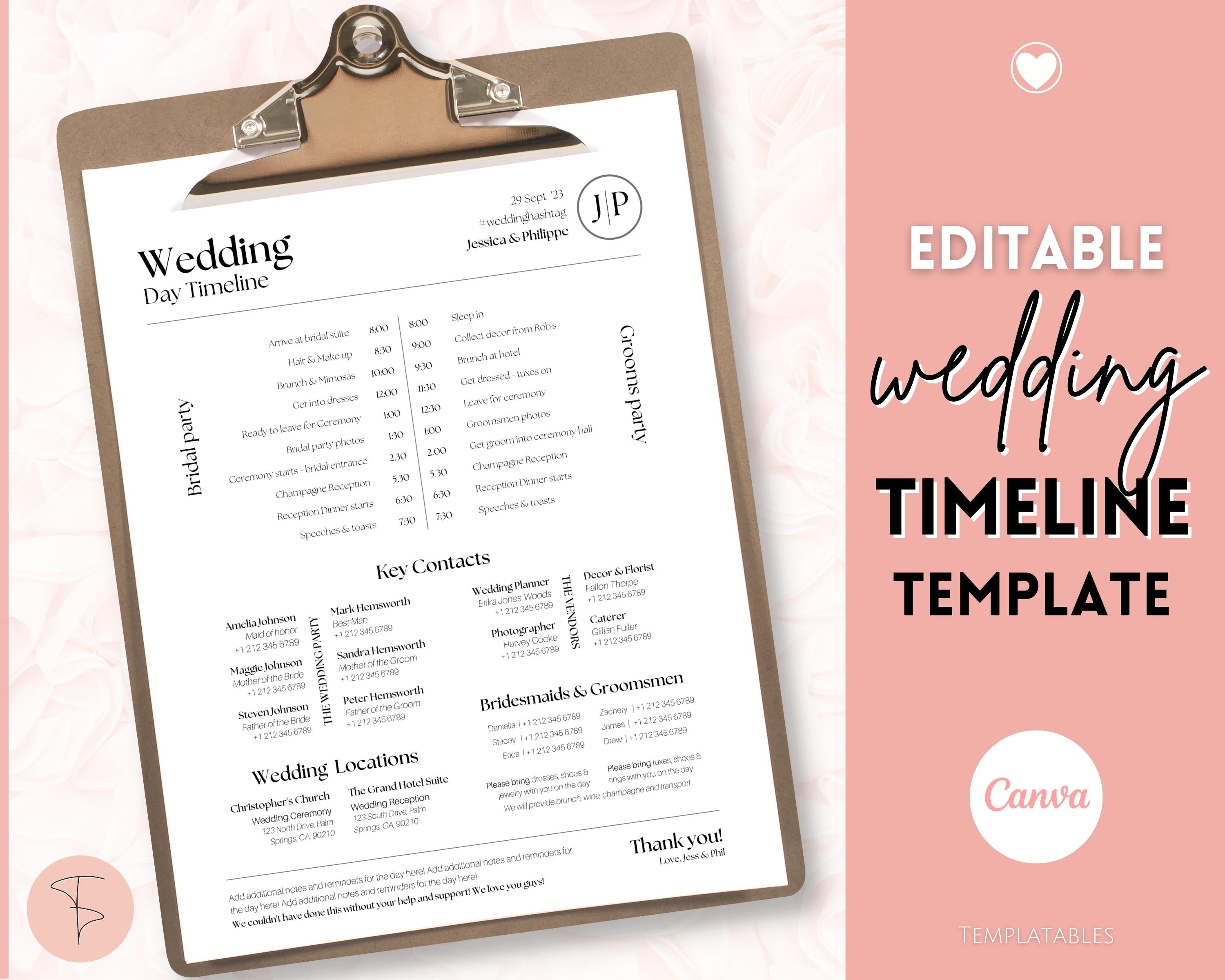 Editable Wedding Day Timeline Template | Mono Lux