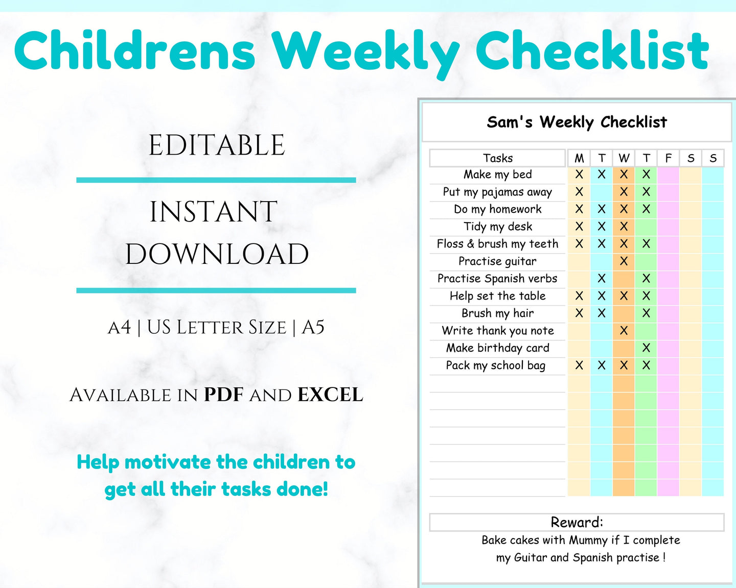 Weekly CHECKLIST | EDITABLE Chore Chart | COLORFUL | Childrens Weekly checklist | Productivity | Reward Chart | Fun | To Do List | Kids |