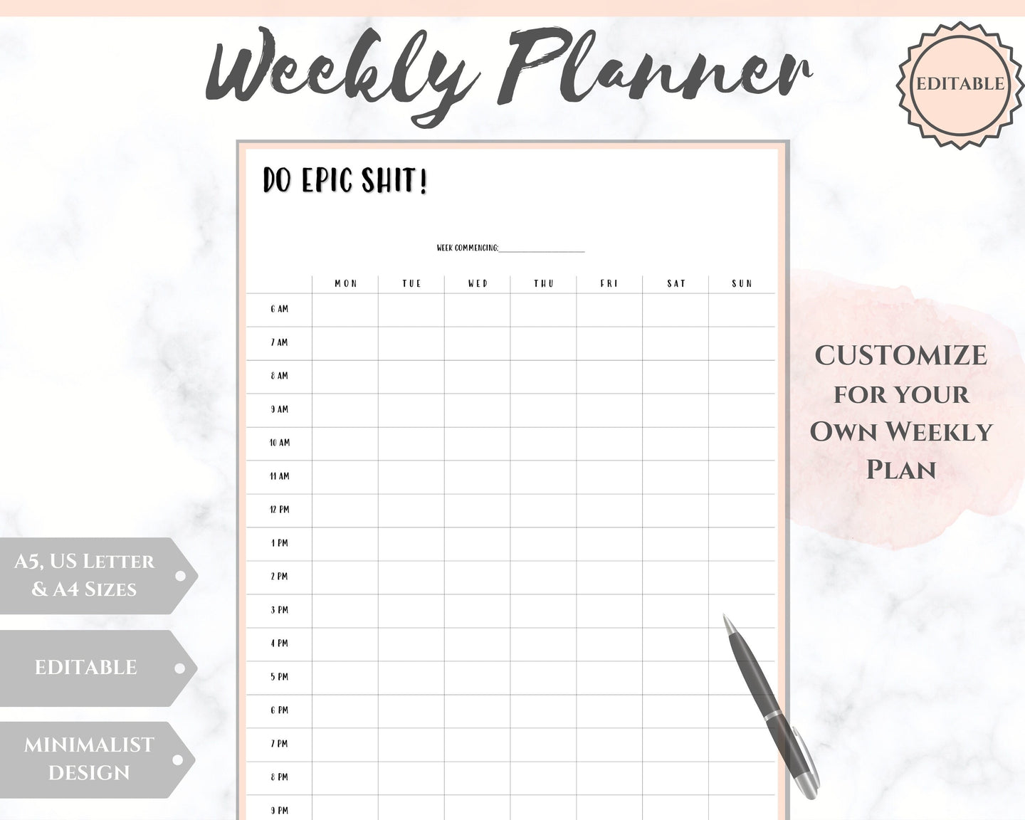 Weekly Hourly Planner Undated 'Do Epic Shit' Printable. Editable To Do list Notebook, Weekly Kit, Productivity Planner Pad, A5 Inserts - Style 5