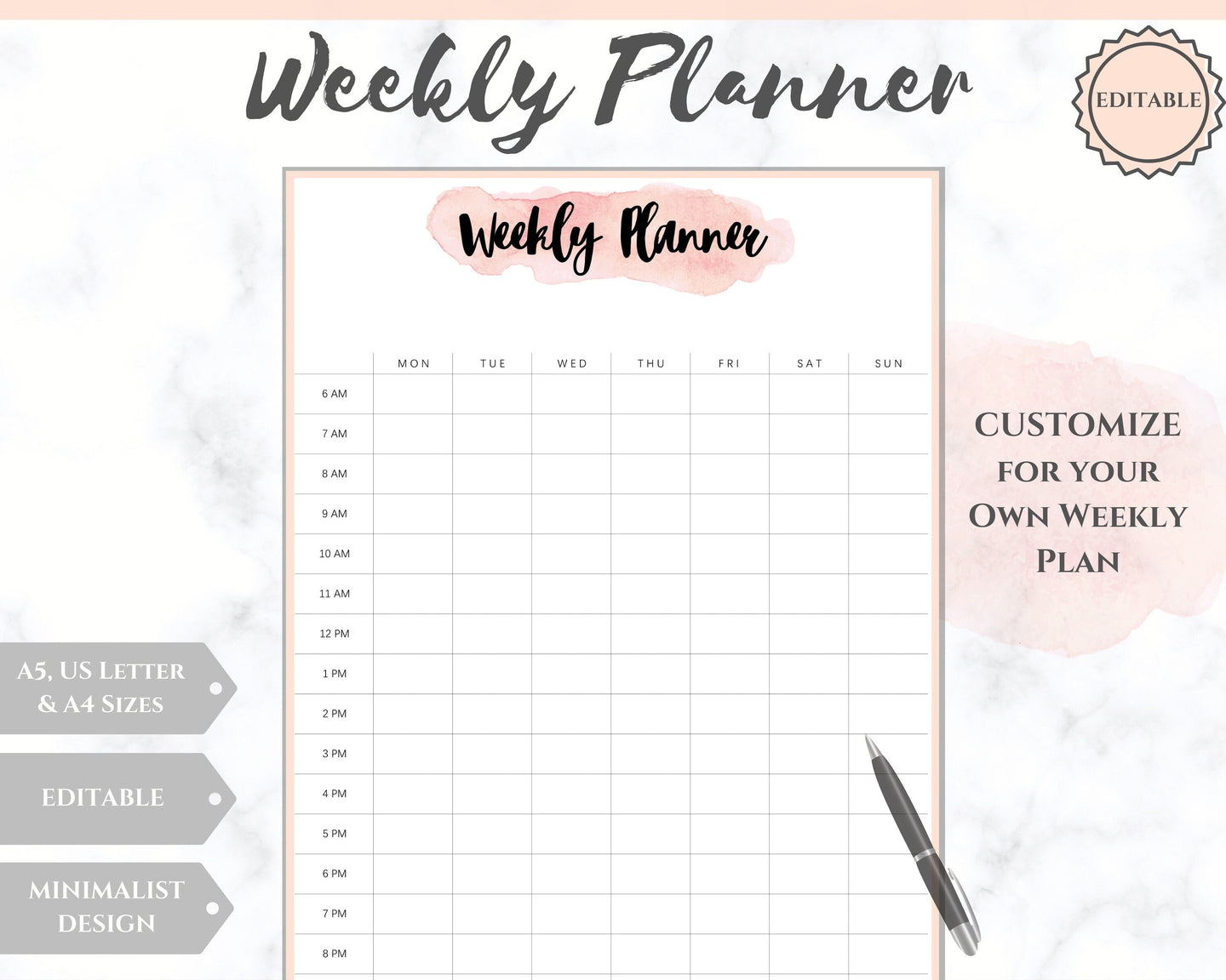 Weekly Hourly Planner Undated Printable. Editable To Do list Notebook, Weekly Kit, Productivity Planner Pad, Goal Student Planner A5 Inserts - Style 1
