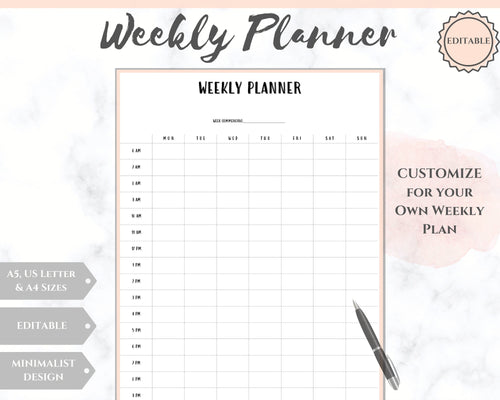 Weekly Hourly Planner Undated Printable. Editable To Do list Notebook, Weekly Kit, Productivity Planner Pad, Goal Student Planner A5 Inserts - Style 2