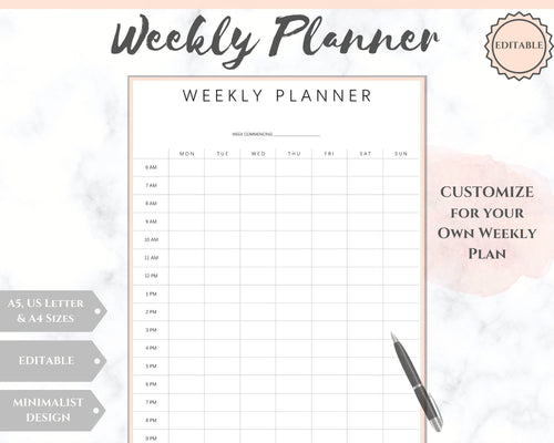 Weekly Hourly Planner Undated Printable. Editable To Do list Notebook, Weekly Kit, Productivity Planner Pad, Goal Student Planner A5 Inserts - Style 3