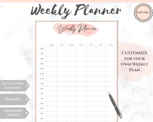 Weekly Hourly Planner Undated Printable. Editable To Do list Notebook, Weekly Kit, Productivity Planner Pad, Goal Student Planner A5 Inserts - Style 4