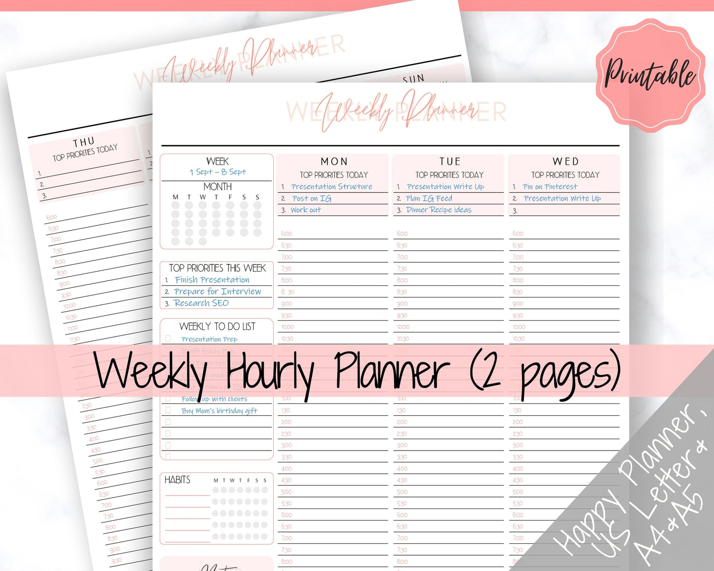 Weekly Planner Printable, Hourly Planner, Week on 2 pages WO2P, Weekly Schedule, Undated Planner, 2021 Weekly Organizer, To Do List - Coral Scrawl