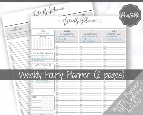 Weekly Planner Printable, Hourly Planner, Week on 2 pages WO2P, Weekly Schedule, Undated Planner, 2022 Weekly Organizer, To Do List - Mono Scrawl